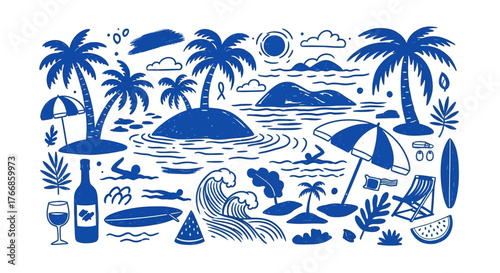 Tropical Summer Vacation Essentials – Beach, Sun, Islands, Drinks, Palm Trees, Relax and Travel

