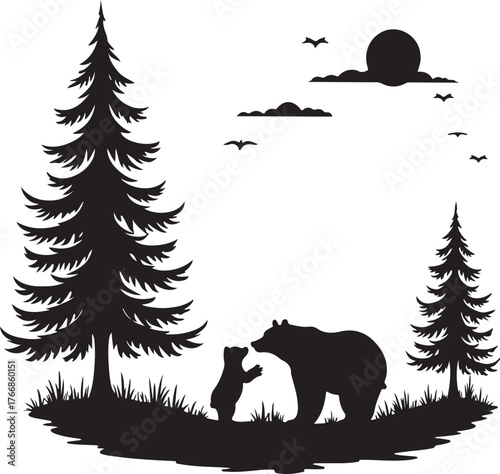 Silhouette of mother bear and cub with pine trees and moon
