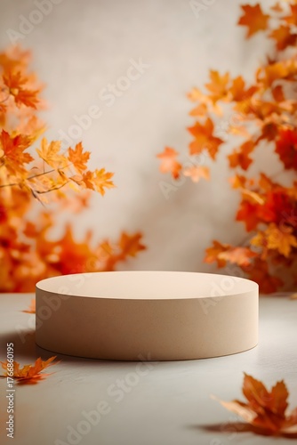 Minimalist Circular Display with Autumn Leaves in Soft Natural Light