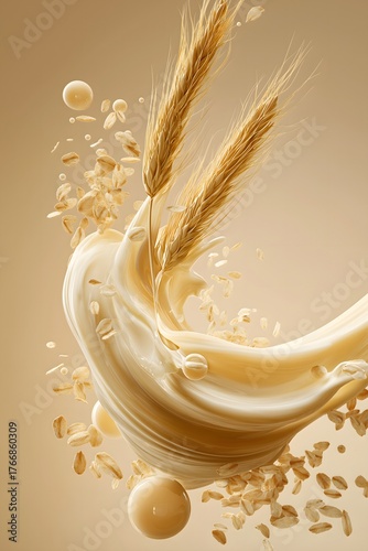 Creative Oat Milk Splash with Grains and Wheat on Neutral Background