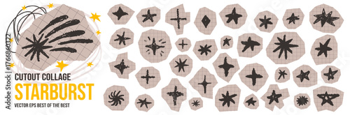 Irregular paper starburst collage with doodle star and scribble shapes.