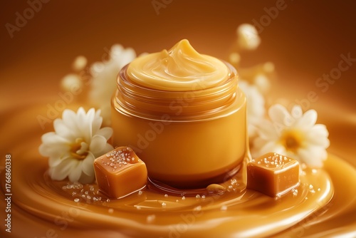Delicious Caramel Cream in Jar Surrounded by Sweet Treats and Flowers