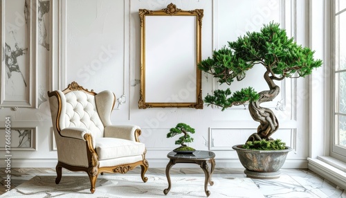 Elegant Interior with Bonsai Trees and Antique Armchair.