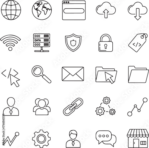 Essential web development icons for modern digital projects, showcasing global connectivity, secure data, and dynamic communication tools for innovative solutions