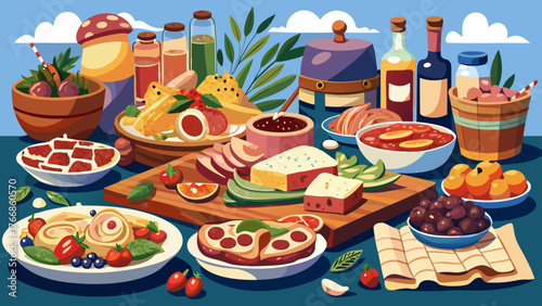 Very beautiful, antipasti or tapas panorama, charcuterie and cheese board, Spanish and Italian gourmet food and drinks, delicatessen spread, fresh ingredients, elegant presentation, and appetizing 