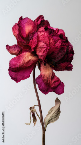 Single melancholy wilted pink peony flower against white background. dying blossom shows delicate, fragile beauty of decay, aging, and poignant passage of time