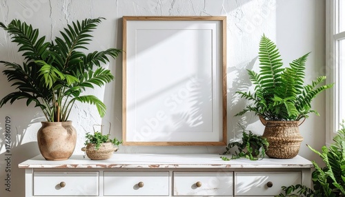 Elegant Interior with Ferns and Blank Frame on White Console Table.