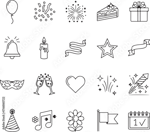 Celebrate life's moments with this adorable doodle set of party essentials, from balloons to cake, adding a touch of joy to any project