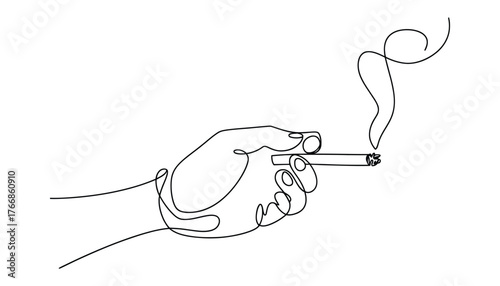 Continuous line drawing of a hand holding a smoking cigarette artistic sketch
