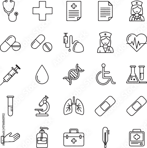 Explore this diverse collection of line art medical icons showcasing healthcare, treatment, and scientific research for professional design projects now