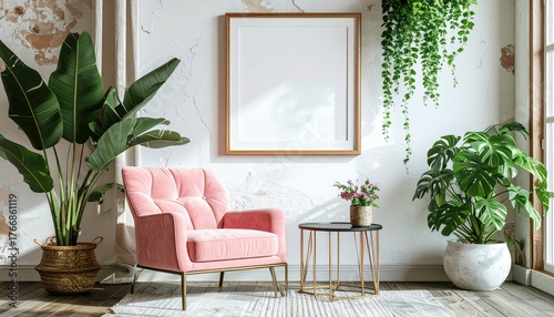 Elegant Interior with Pink Armchair, Plants, and Blank Frame.