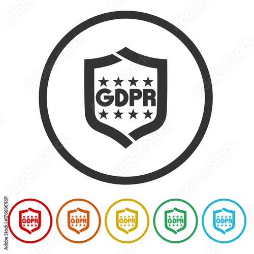 GDPR symbol icon. Set icons in color circle buttons