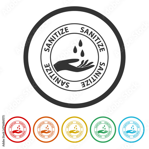 Sanitize hands icon. Set icons in color circle buttons