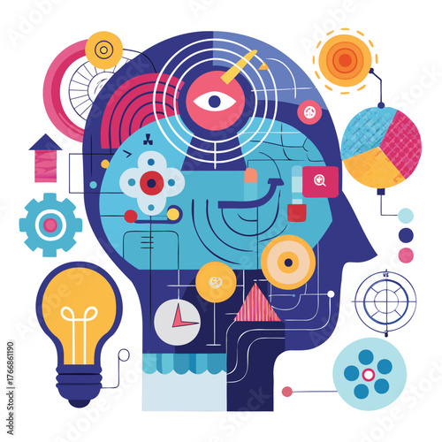  An abstract interpretation of a thought process, where complex ideas are visualized as an internal light source within the head..