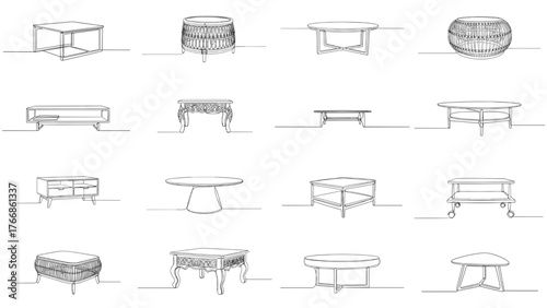 Various coffee table designs in minimalist line art illustration