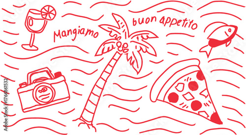Hand drawn doodle style illustration of italian summer vacation elements including pizza cocktail camera and palm tree