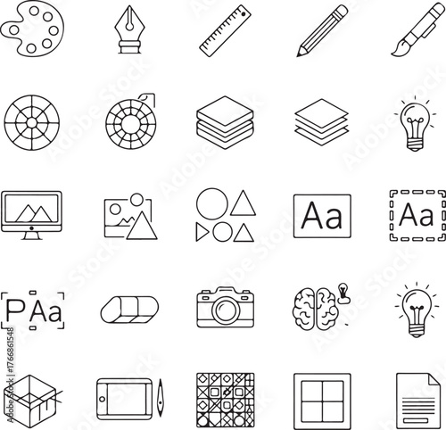 Modern line art icons for creative graphic design projects, perfect for presentations, websites, and marketing materials needing a sleek, professional touch