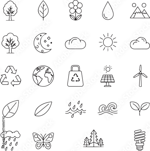 Eco-friendly icons illustrating sustainability and environmental awareness, perfect for green initiatives and conservation projects in a clean, modern style