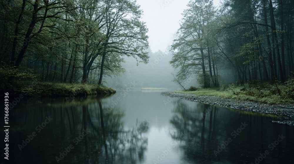 Fototapeta premium Misty morning reflection serene forest river nature scene tranquil environment calm viewpoint peaceful concept