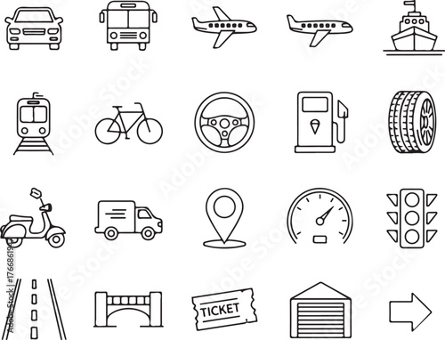 Explore transportation options with these line icons featuring cars, planes, trains, and more - perfect for travel apps, websites, and infographics!