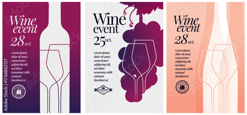 Wine event poster template set. Clean and elegant design for your wine designs. Vector illustration.