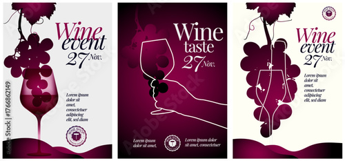 Wine event poster template set. Clean and elegant design for your wine designs. Vector illustration.