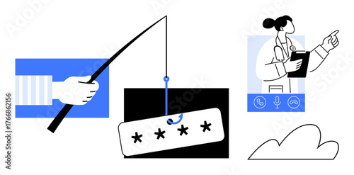 Hand holding fishing rod with password, doctor with clipboard on video call, cloud storage icon. Ideal for cybersecurity, phishing scams, online safety, healthcare, remote work, technology password