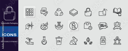 A set of line icons about sustainable packaging, eco-friendly materials, recycling, and waste reduction. Perfect for design, labeling, and green branding projects.