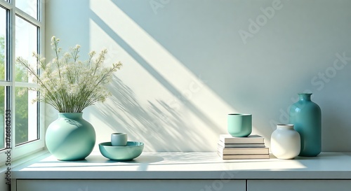 Minimalist home decor interior with soft blue vase and books on white shelf near window with natural light and shadows, ideal for lifestyle marketing campaign or website hero image with copy