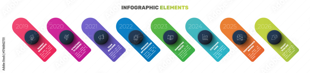 Obraz premium Business vector infographics with 8 circles and labels. Timeline visualization with eight steps for diagram, flowchart, banner, presentations, web, content, levels, chart, graphic