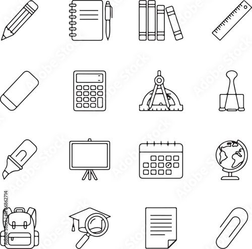 Outline icons of school supplies and learning tools for back to school projects or educational materials, perfect for a clean, modern design with a creative touch