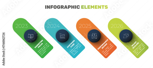 Business vector infographics with 4 circles and labels. Timeline visualization with four steps for diagram, flowchart, banner, presentations, web, content, levels, chart, graphic