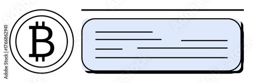 Bitcoin symbol beside a rectangular text box with horizontal lines suggesting content. Ideal for cryptocurrency, blockchain, Bitcoin, fintech, decentralized finance, digital wallet, simple flat