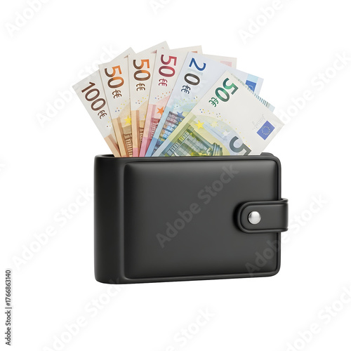 3d icon of black wallet stuffed with euro banknotes isolated on transparent background