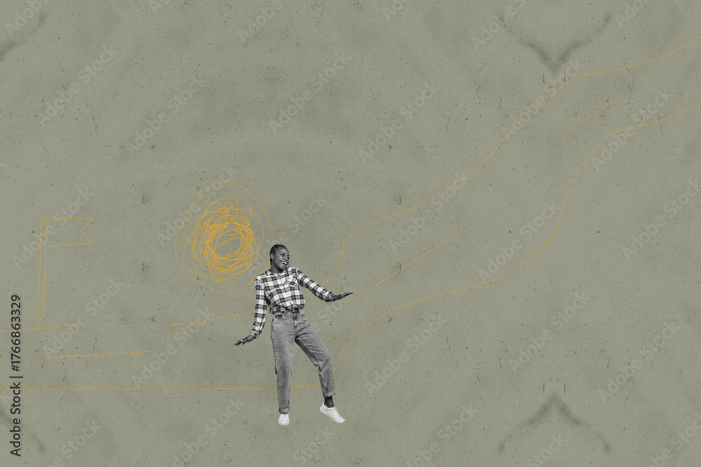 Naklejka premium Collage of energetic person jumping with playful cartoon doodles in creative whimsical concept illustration