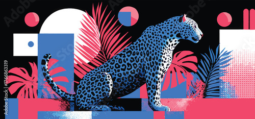 Vector art of blue leopard sitting on colorful background, wild animal illustration art