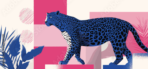 Vector art of blue leopard walking on pink and, wild animal illustration