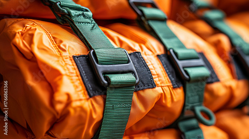 Packed orange parachute secured with green straps for skydive Generative AI