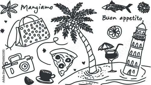 Whimsical hand drawn sketch of italian summer vacation elements with food and landmarks