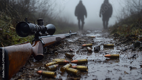 Scoped hunting rifle rests on muddy path with hunters nearby Generative AI