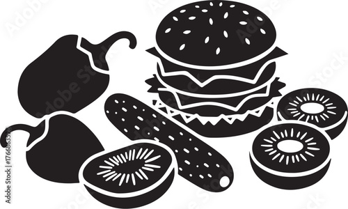 Black and white illustration of a hamburger with peppers cucumber and kiwi slices