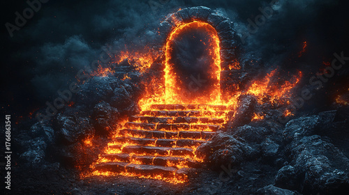 Glowing staircase leads to mystical arched doorway in flames Generative AI
