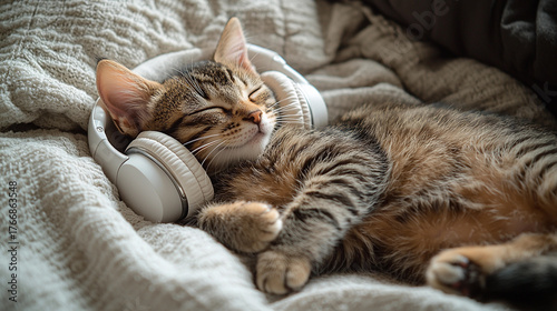 Striped tabby kitten peacefully sleeps on soft blanket Generative AI