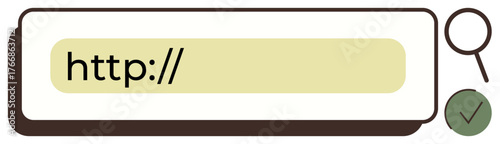 Search bar displaying http text, magnifying glass, and checkmark symbolizing online search, URL validation. Ideal for web browsing, internet tools, online security, technology, digital knowledge