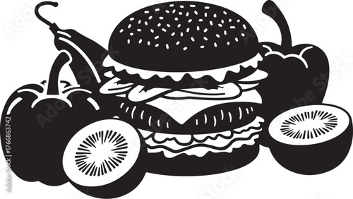 Black and white illustration of a stacked hamburger with bell peppers and kiwi slices