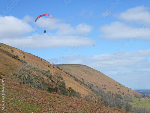 Canvas Print Paraglider in the hills above Pandy in Wales