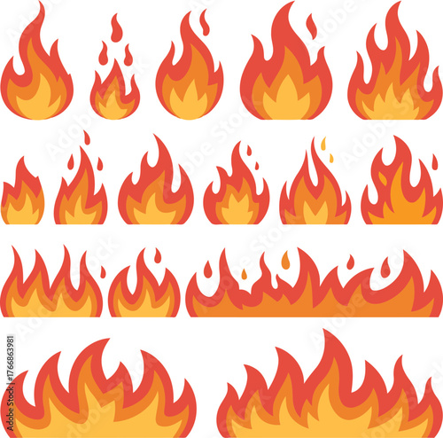 Collection of stylized fire icons and borders, isolated on white background