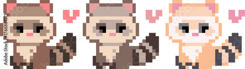 pixel illustration of cute raccoon emoji set