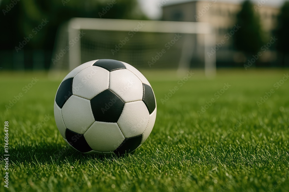 Fototapeta premium Soccer ball on lush green field, goal net blurred in background, action waiting