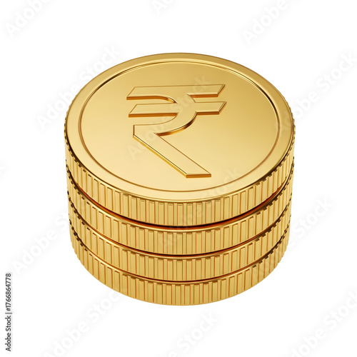 3d icon of stack of gold coins with indian rupee symbol isolated on transparent background
